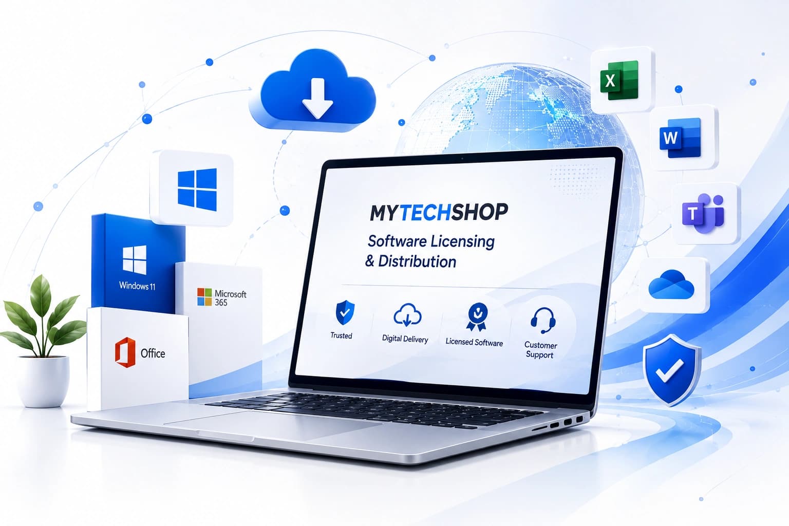 Laptop displaying the MyTechShop storefront alongside boxed software products, representing the official online store