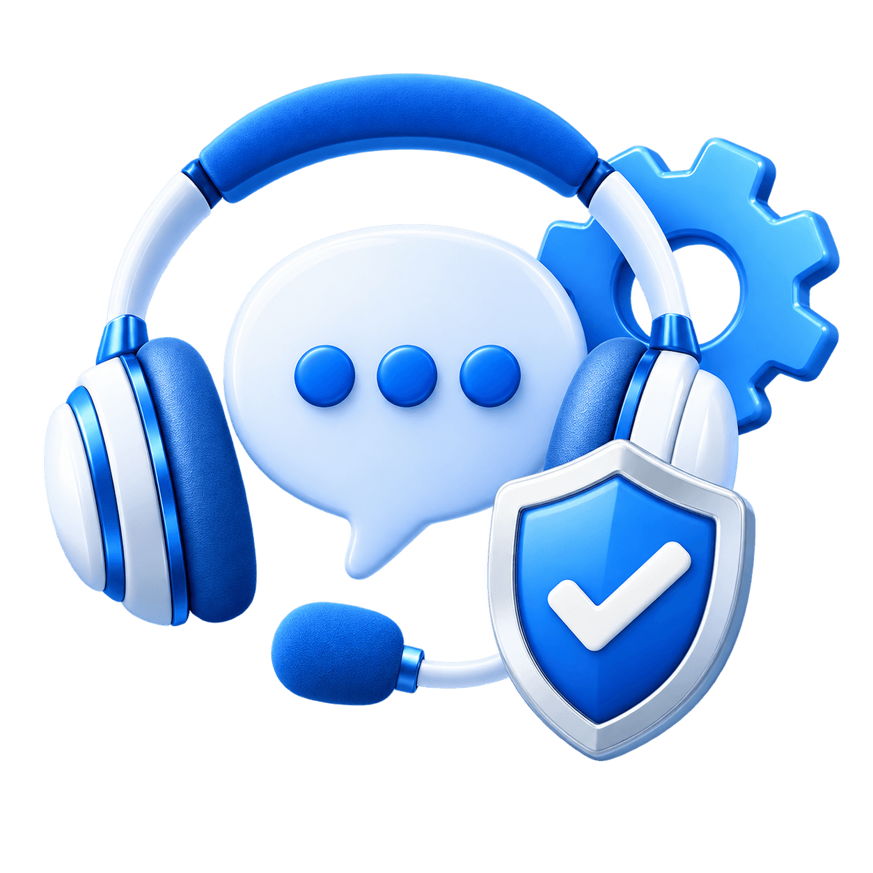 Support headset with a chat bubble and a verification shield, representing MyTechShop's customer support services